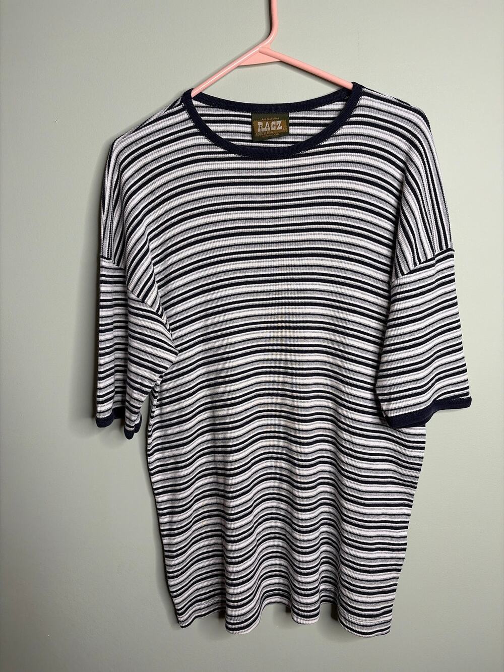 Vintage All Natural Ragz Striped Ribbed Tee Made in USA Large